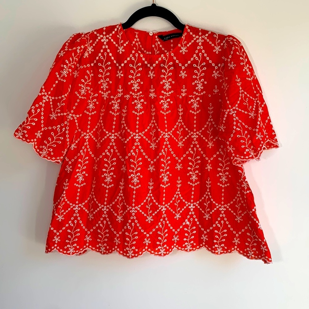 Zara Red Blouse with White Embroidery